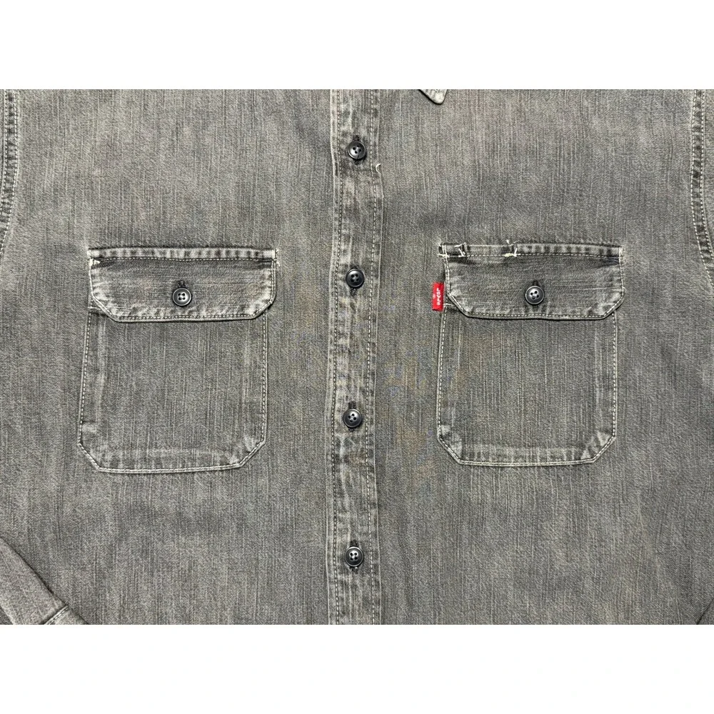 Levis Mens Faded Gray Denim Button Down Shirt Long Sleeve Workwear Sz XL